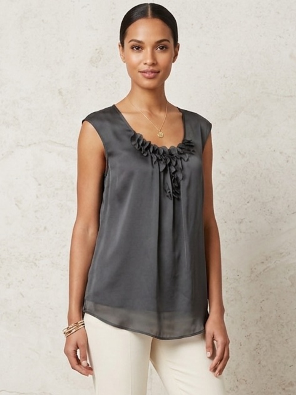 Gap Satin Sleeveless Blouse Gray Floral Appliqué Tank Small